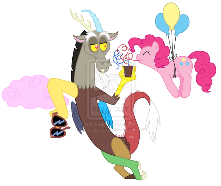 Size: 900x758 | Tagged: safe, artist:peregrinestar, derpibooru import, discord, pinkie pie, balloon, chocolate milk, cotton candy cloud, discopie, female, male, shipping, straight, straw, sunglasses, then watch her balloons lift her up to the sky, watermark