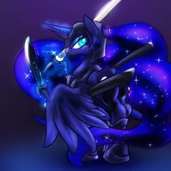 Size: 800x800 | Tagged: safe, artist:zedrin, derpibooru import, princess luna, armor, dreamwarden, solo, sword, warrior luna, weapon