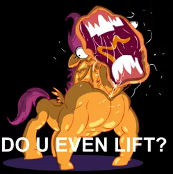 Size: 564x566 | Tagged: brutaloo, derpibooru import, do you even lift, hoers, muscles, nightmare fuel, safe, scootaloo, strongaloo, wat