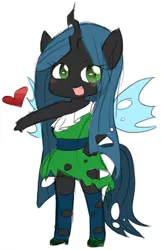 Size: 500x777 | Tagged: ambiguous facial structure, anthro, artist:snow angel, blushing, chibi, clothes, cute, cutealis, derpibooru import, dress, fangs, heart, looking at you, open mouth, pixiv, queen chrysalis, safe, smiling, socks, solo