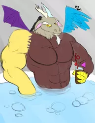 Size: 765x990 | Tagged: artist:caseyljones, bara, deltscord, derpibooru import, discord, hot tub, muscles, overdeveloped muscles, safe, solo