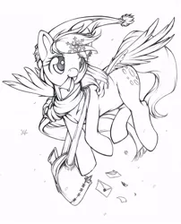 Size: 617x762 | Tagged: safe, artist:longinius, derpibooru import, derpy hooves, pegasus, pony, female, grayscale, hat, lineart, mail, mare, monochrome, santa hat, snow, snowflake, underp