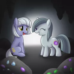 Size: 894x894 | Tagged: safe, artist:maplesunrise, derpibooru import, limestone pie, marble pie, earth pony, cave, cute, gem cave, happy, limabetes, marblebetes, one eye closed, open mouth, pie sisters, smiling, wink