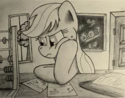 Size: 1280x1006 | Tagged: abacus, applejack, artist:neonblonde1138, chalkboard, derpibooru import, fancy mathematics, monochrome, safe, solo, traditional art, tree, window