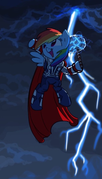 Size: 569x1000 | Tagged: artist:carnifex, costume, crossover, derpibooru import, hammer, lightning, rainbow dash, safe, solo, thor