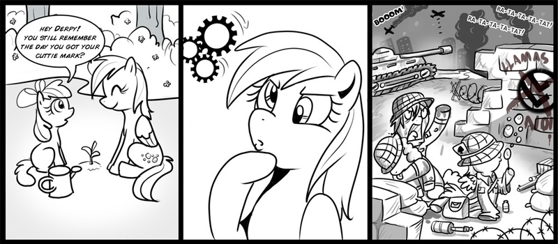 Size: 1000x437 | Tagged: source needed, safe, artist:madmax, derpibooru import, apple bloom, derpy hooves, earth pony, pegasus, pony, barbed wire, blowing bubbles, bubble, comic, dialogue, eyes closed, female, filly, graffiti, grayscale, grenade, gun, mare, monochrome, neo noir, partial color, sitting, speech bubble, tank (vehicle), tongue out, war