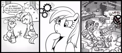 Size: 1000x437 | Tagged: source needed, safe, artist:madmax, derpibooru import, apple bloom, derpy hooves, earth pony, pegasus, pony, barbed wire, blowing bubbles, bubble, comic, dialogue, eyes closed, female, filly, graffiti, grayscale, grenade, gun, mare, monochrome, neo noir, partial color, sitting, speech bubble, tank (vehicle), tongue out, war