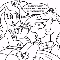 Size: 1000x1000 | Tagged: artist:madmax, derpibooru import, ice pack, lineart, monochrome, nurse, princess celestia, princess luna, s1 luna, safe, sick, thermometer