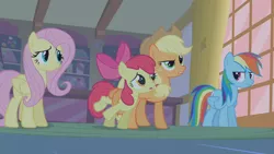 Size: 1280x720 | Tagged: apple bloom, applejack, artist:dtkraus, bridle gossip, derpibooru import, edit, edited screencap, fluttershy, rainbow dash, safe, screencap, wat