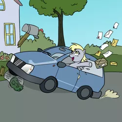 Size: 1000x1000 | Tagged: safe, artist:madmax, derpibooru import, derpy hooves, pegasus, pony, car, crash, crashing, derpy driving, driving, feather, female, letter, mail, mailbox, mare, open mouth, package, smiling, solo, spread wings, throwing, trash can, wat, wings