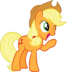 Size: 932x993 | Tagged: artist needed, source needed, safe, derpibooru import, applejack, earth pony, pony, female, mare, one eye closed, open mouth, raised hoof, simple background, smiling, transparent background, vector, wink