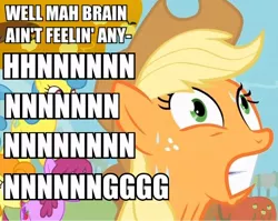 Size: 600x478 | Tagged: applejack, berry punch, berryshine, carrot top, derp, derpibooru import, golden harvest, gritted teeth, hnnng, image macro, safe, sweat, tree, wide eyes
