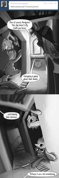 Size: 500x1489 | Tagged: artist:marbleyarns, ask, bicorne, captain luna, comic, derpibooru import, dust devil, hat, lemony gem, monochrome, oc, princess luna, safe, speech bubble, text, tumblr, under a paper moon