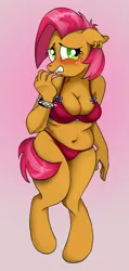 Size: 434x915 | Tagged: anthro, artist:susiebeeca, babs seed, bbw, belly button, bikini, blob seed, blushing, bracelet, breasts, busty babs seed, chubby, cleavage, clothes, derpibooru import, ear piercing, earring, embarrassed, fat, female, freckles, jewelry, muffin top, older, piercing, ribbon, spiked wristband, suggestive, swimsuit, teenager, unguligrade anthro