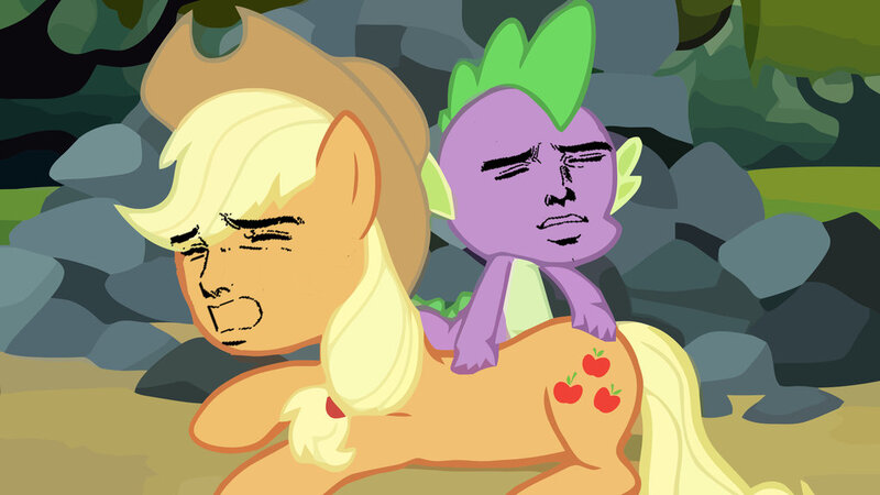 Size: 1024x576 | Tagged: safe, derpibooru import, edit, edited screencap, screencap, applejack, spike, dragon, earth pony, pony, spike at your service, butt touch, face swap, female, hand on butt, mare, yaranaika