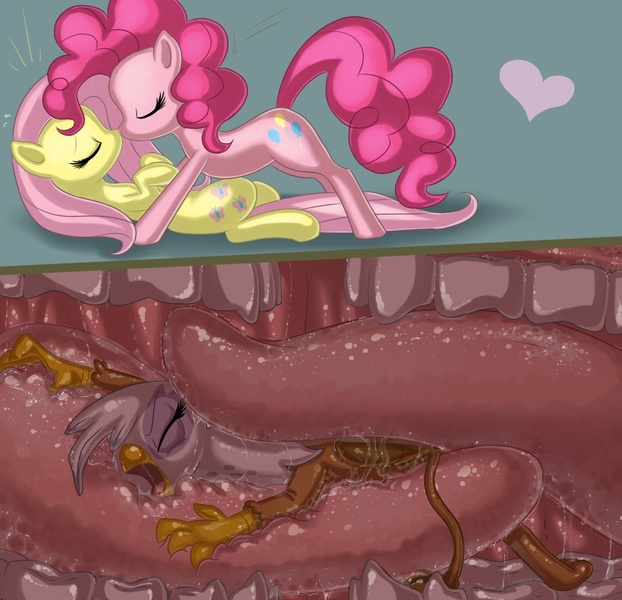 Size: 912x880 | Tagged: questionable, artist:cottoncandy, derpibooru import, fluttershy, gilda, pinkie pie, gryphon, pony, abuse, best served pink, comic, drool, feeding, female, fetish, flutterpie, flutterpred, french kiss, gildabuse, internal, kissing, lesbian, micro, mouth, shipping, soft vore, teeth, tongue out, unwilling, vore, vore snowballing, wet