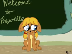 Size: 800x600 | Tagged: artist:aa, celtic, chalkboard, classroom, deer, derpibooru import, exchange student, hair ribbons, oc, oc:juniper, pigtails, ponyville elementary, ponyville schoolhouse, safe, school, scottish, solo, unofficial characters only