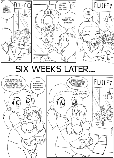 Size: 800x1100 | Tagged: artist:marcusmaximus, black and white, carnival, claw machine, comic, derpibooru import, fluffy pony, fluffy pony foal, fluffy pony mother, future, grayscale, human, machine, monochrome, primrose, safe