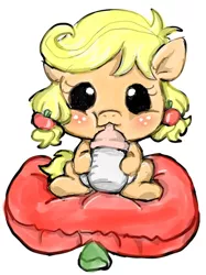 Size: 468x626 | Tagged: dead source, safe, artist:neoxyx, derpibooru import, applejack, pony, baby, baby bottle, baby pony, babyjack, bottle, cushion, cute, diaper, foal, jackabetes, milk, simple background, solo