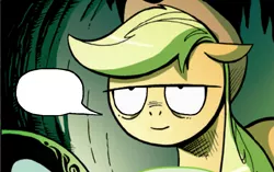 Size: 1169x732 | Tagged: applejack, edit, exploitable, exploitable meme, forced meme, idw, inverted mouth, meme, safe, smiling, speech bubble, template, thinking applejack meme