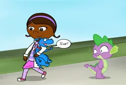 Size: 3099x2103 | Tagged: artist:cartuneslover16, child, crossover, doc, doc mcstuffins, dragon, human, plushie, safe, speech bubble, spike, stuffy