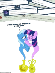 Size: 1050x1400 | Tagged: artist:navitaserussirus, ask, asktwixiegenies, derpibooru import, female, genie, kissing, lesbian, safe, shipping, trixie, tumblr, twilight sparkle, twixie