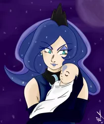 Size: 1077x1282 | Tagged: artist:frankaraya, baby, derpibooru import, hijo de la luna, humanized, maternaluna, night, princess luna, safe