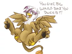 Size: 1024x768 | Tagged: suggestive, alternate version, artist:stoney pony, derpibooru import, gilda, gryphon, beak, claws, dweeb, featureless crotch, female, image, looking at you, open beak, open mouth, paw pads, paws, png, spread legs, spread wings, spreading, talking to viewer, wings