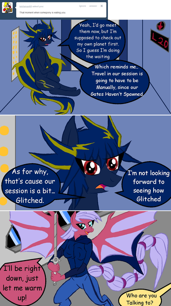 Size: 1024x1831 | Tagged: safe, artist:lunaprotege, artist:zeroblue4, derpibooru import, oc, unofficial characters only, anthro, bat pony, ask sburb ponies, ask, blue shift, elevator, scorpio, sword, tumblr, yusei fudo