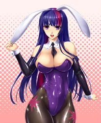 Size: 823x1000 | Tagged: artist:rammbrony, artist:rindou, big breasts, breasts, bunny suit, busty twilight sparkle, clothes, colored pupils, cufflinks, cuffs (clothes), cutie mark on clothes, derpibooru import, detached sleeves, edit, female, human, humanized, latex, leotard, necktie, pantyhose, solo, solo female, suggestive, twilight sparkle