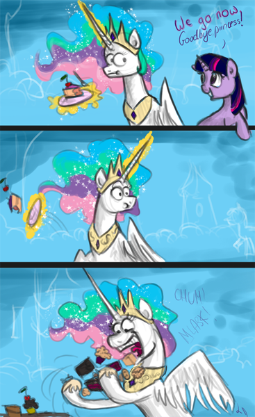 Size: 500x818 | Tagged: artist:ladydekaro, cake, cakelestia, comic, derpibooru import, mmmystery on the friendship express, princess celestia, safe, twilight sparkle