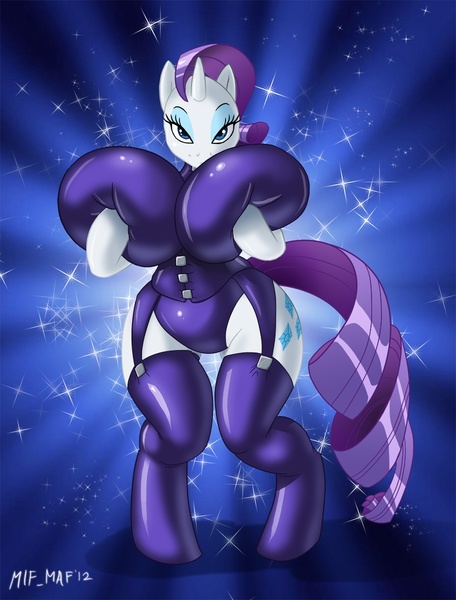 Size: 912x1200 | Tagged: anthro, arm hooves, artist:mifmaf, big breasts, breasts, busty rarity, derpibooru import, female, garters, huge breasts, impossibly large breasts, latex, questionable, rarity