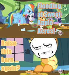 Size: 500x539 | Tagged: angel bunny, applejack, derpibooru import, edit, edited screencap, hub logo, keep calm and flutter on, meme, rage face, rainbow dash, raise this barn, running gag, safe, screencap