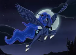 Size: 1211x877 | Tagged: alicorn, artist:royallycrimson, canterlot, cloud, crown, derpibooru import, ethereal mane, eyelashes, female, flying, hoof shoes, horn, jewelry, moon, night, princess luna, regalia, safe, smiling, solo, spread wings, wings