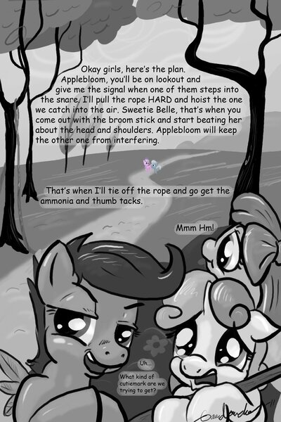 Size: 730x1095 | Tagged: abuse, apple bloom, artist:gavalanche, comic sans, derpibooru import, diamond tiara, monochrome, plotting, safe, scootaloo, silverbuse, silver spoon, spoonabuse, sweetie belle, tiarabuse