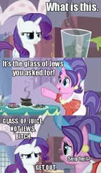 Size: 480x816 | Tagged: safe, deleted from derpibooru, derpibooru import, edit, edited screencap, screencap, cookie crumbles, rarity, pony, unicorn, antisemitism, burnt juice, caption, comic, female, heil, jew, juice, mare, nazi, pun, racism, sieg heil, text, vulgar, we are going to hell