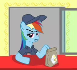 Size: 676x612 | Tagged: safe, artist:betoheavy, derpibooru import, rainbow dash, pegasus, pony, clothes, fast food, female, frown, hat, mare, name tag, open mouth, paper bag, shirt, solo