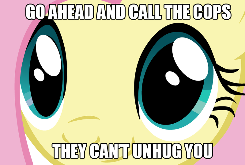 Size: 823x554 | Tagged: call the cops, derpibooru import, face, fluttershy, hug, image macro, imma snuggle you, implied hape, safe, smiling, solo