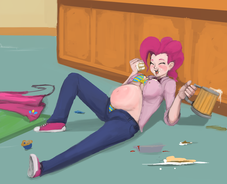 Size: 900x728 | Tagged: apple cider, apron, artist:kissasta, belly, belly button, big belly, bra, breasts, cake, chubby, chubby cheeks, cleavage, clothes, converse, derpibooru import, drinking, eating, fat, female, food, food baby, gluttony, humanized, jeans, lying down, muffin, mug, on back, panties, pants, pie tin, pinkie pie, plump, pudgy pie, shirt, shoes, sneakers, striped underwear, stuffing, sugarcube corner, suggestive, unbuttoned, underwear, unzipped