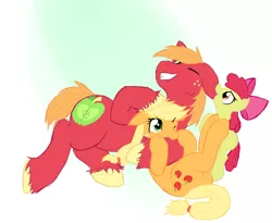 Size: 916x751 | Tagged: safe, artist:nightomist, derpibooru import, apple bloom, applejack, big macintosh, earth pony, pony, apple siblings, apple sisters, brother and sister, cute, ear bite, female, freckles, male, mare, siblings, sisters, stallion, wrestling