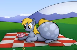 Size: 2900x1900 | Tagged: source needed, useless source url, safe, artist:jesseorange, derpibooru import, derpy hooves, butterfly, pegasus, pony, aderpose, fat, female, flower, impossibly large butt, mare, picnic blanket, plot