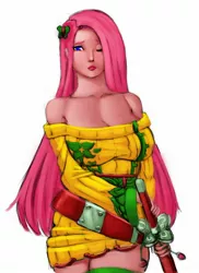 Size: 1280x1760 | Tagged: artist:dclzexon, breasts, busty fluttershy, derpibooru import, female, fluttershy, friendship is fighting, humanized, safe, samurai