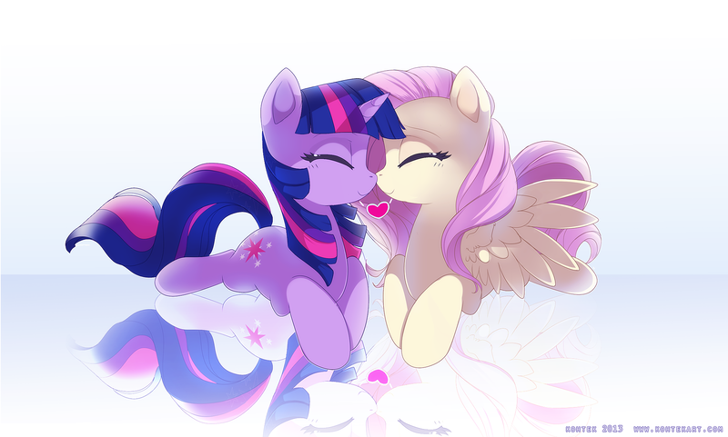 Size: 1994x1200 | Tagged: artist:si1vr, cute, derpibooru import, female, fluttershy, happy, heart, lesbian, nuzzling, reflection, safe, shipping, shyabetes, twiabetes, twilight sparkle, twishy