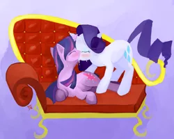 Size: 1000x800 | Tagged: artist:jesrartes, blushing, dead source, derpibooru import, drool, eyes closed, fainting couch, female, french kiss, horns are touching, kissing, lesbian, rarilight, rarity, shipping, side, sloppy kissing, standing, suggestive, sweat, twilight sparkle