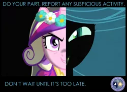 Size: 872x630 | Tagged: canterlot intelligence agency, changeling, cia, derpibooru import, disguise, disguised changeling, fake cadance, poster, princess cadance, queen chrysalis, safe