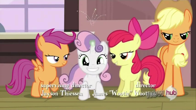 Size: 854x480 | Tagged: safe, derpibooru import, screencap, apple bloom, applejack, scootaloo, sweetie belle, horngasm, lidded eyes, out of context, sparking horn