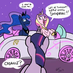 Size: 600x600 | Tagged: dead source, safe, artist:starlight-gaze, derpibooru import, princess cadance, princess luna, twilight sparkle, twilight sparkle (alicorn), alicorn, pony, car, get in loser, mean girls, princess, rc car, shopping