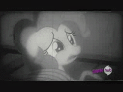 Size: 320x240 | Tagged: safe, derpibooru import, screencap, pinkie pie, earth pony, pony, mmmystery on the friendship express, animated, black and white, bondage, female, grayscale, hub logo, imminent death, peril, rope, scared, solo, the perils of pauline, tied to tracks, tied up, train, train tracks, unsexy bondage, you know for kids