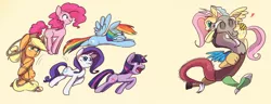 Size: 1300x500 | Tagged: safe, artist:zabralo, derpibooru import, applejack, discord, fluttershy, pinkie pie, rainbow dash, rarity, twilight sparkle, pony, :o, carrying, cute, discoshy, discute, eyes closed, female, flying, glare, heart, holding a pony, hoof hold, hug, kidnapped, lasso, male, mane six, meme, pronking, raised hoof, rope, running, shipping, simple background, smiling, spread wings, straight, waifu thief