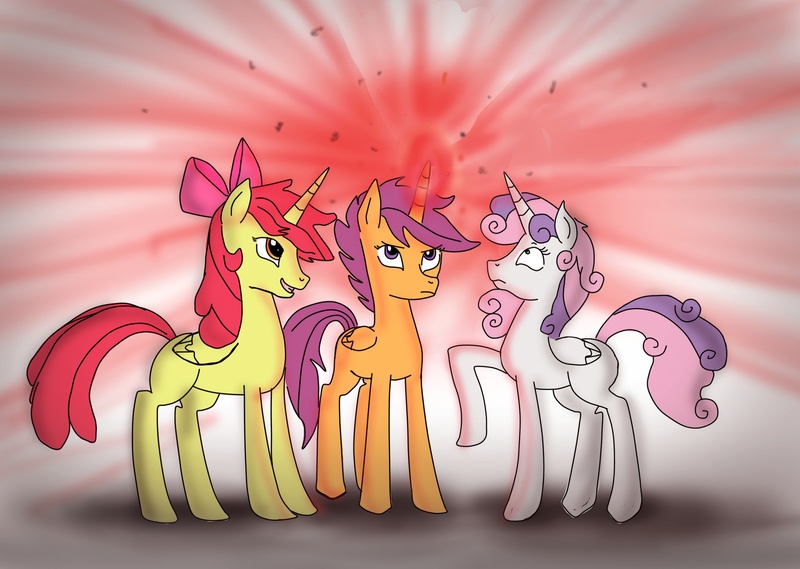 Size: 3111x2214 | Tagged: safe, artist:mrfulp, derpibooru import, apple bloom, scootaloo, sweetie belle, alicorn, pony, alicornified, bloomicorn, cutie mark crusaders, magic, race swap, scootacorn, sweetiecorn, this will end in tears and/or death and/or covered in tree sap, xk-class end-of-the-world scenario